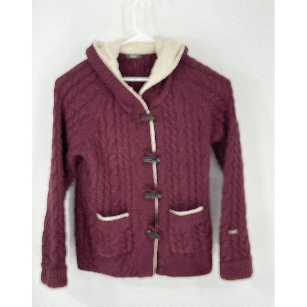 Cabela's Womens Size Medium Hooded Cable Knit Cardigan Sweater Maroon Sherpa